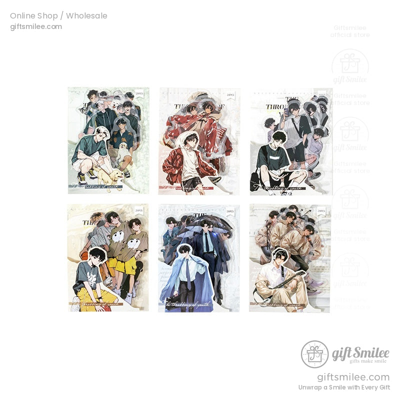 Six anime boy sticker sheets featuring various poses and outfits.