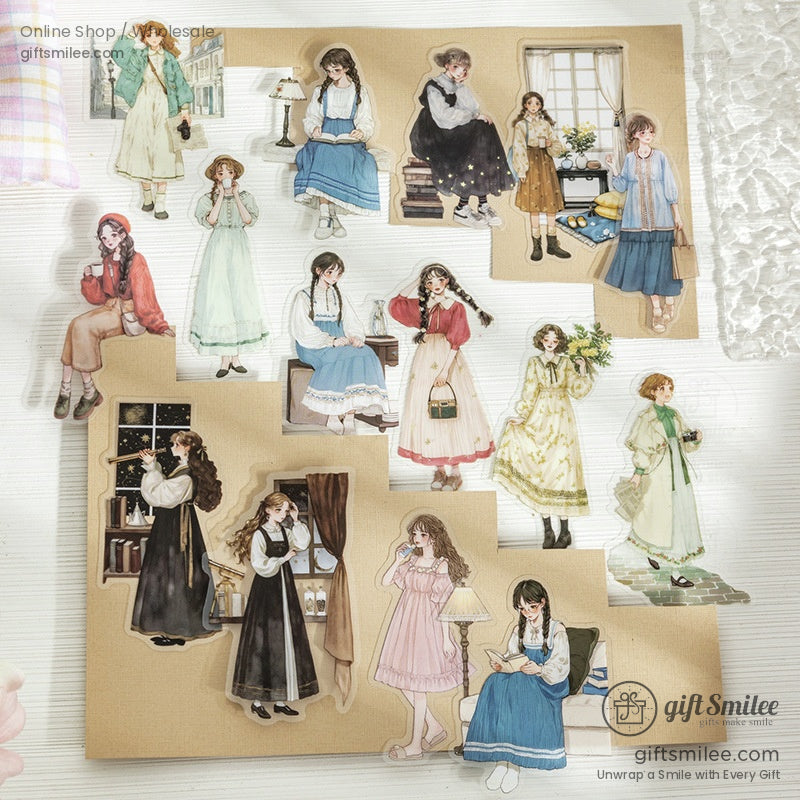 Close-up of retro girl stickers featuring floral and cottagecore themes