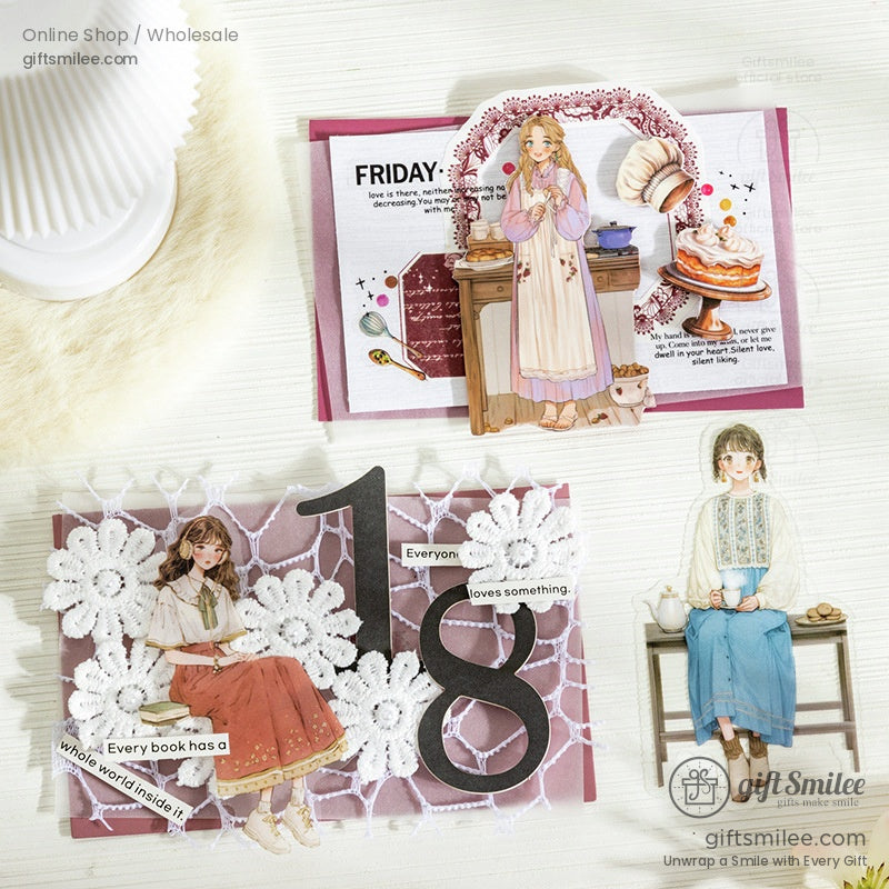 Scrapbooking journal decorated with dreamy girl stickers and retro details