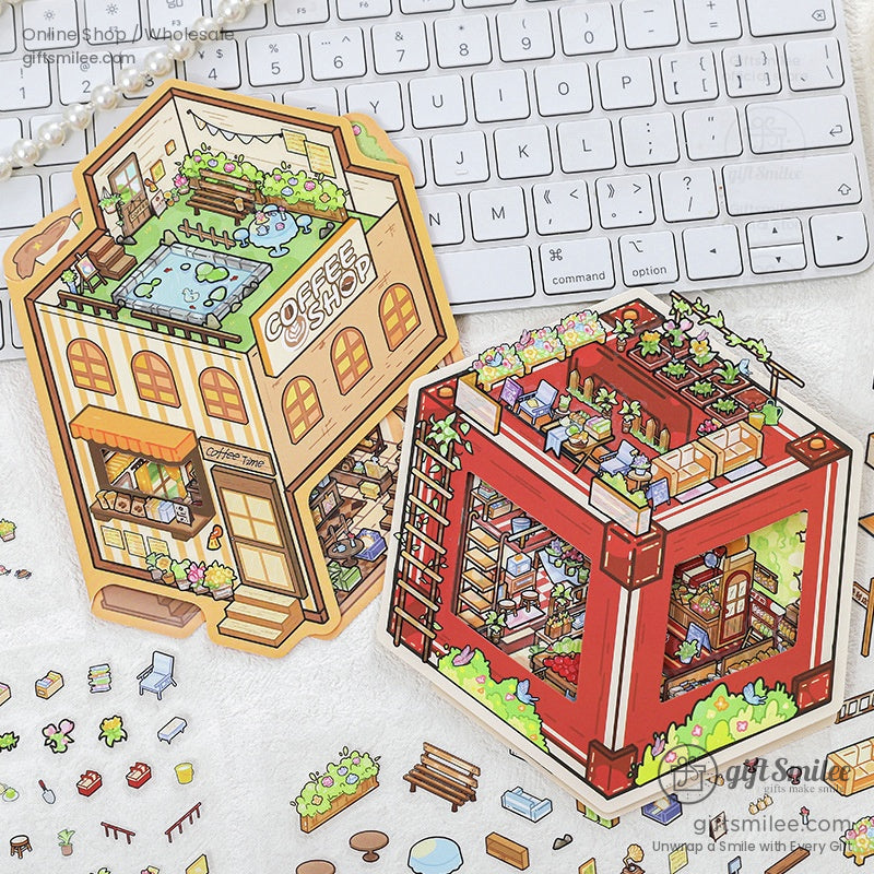 A charming 3D miniature coffee shop sticker set displayed on a keyboard with intricate details.