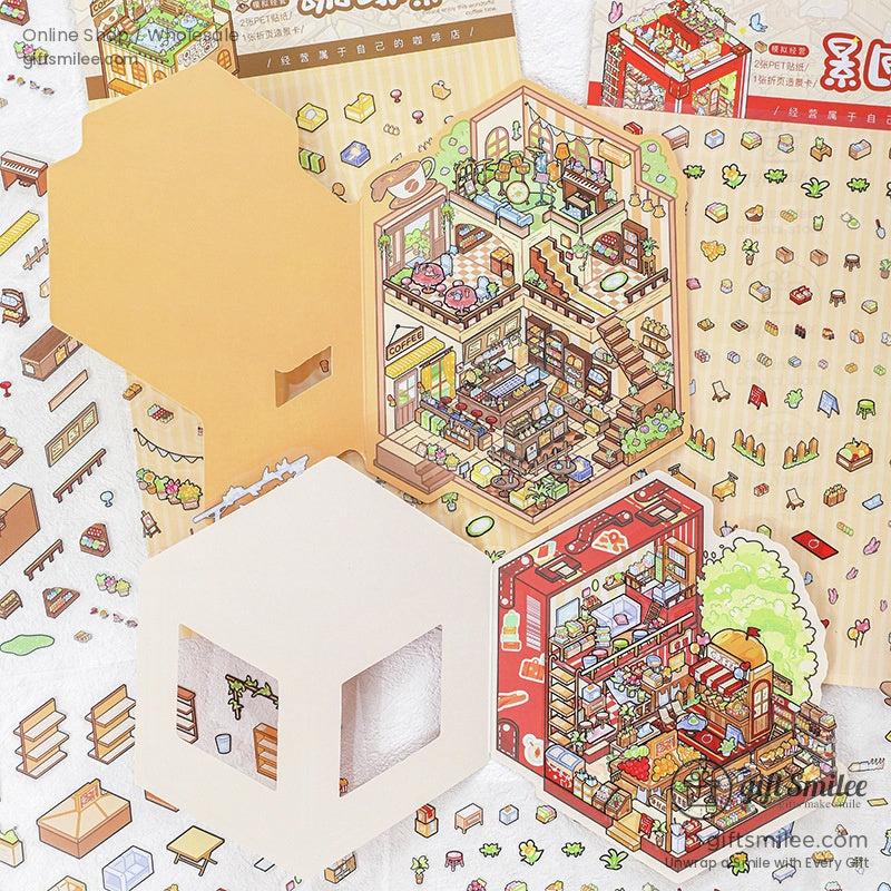 A charming 3D miniature coffee shop sticker set displayed on a keyboard with intricate details.