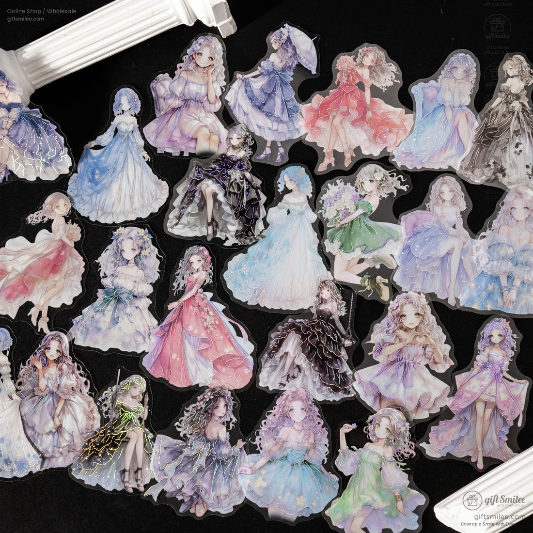 A close-up of a pink fairy princess vinyl sticker with elegant flowing dress details.