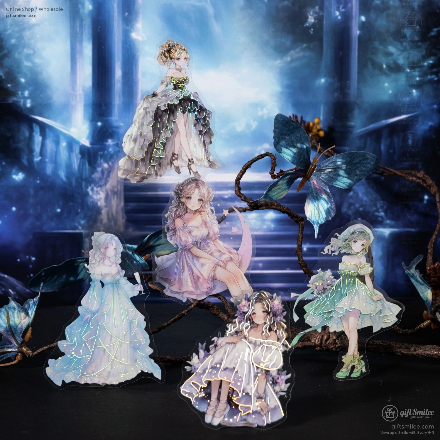A magical arrangement of fantasy vinyl stickers featuring fairytale princesses, butterflies, and glowing accents.