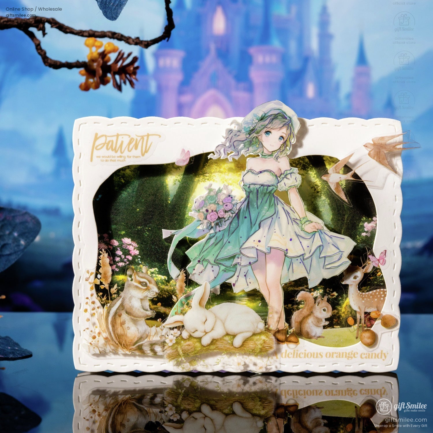 A charming green fairy princess sticker displayed in a dreamlike woodland diorama.