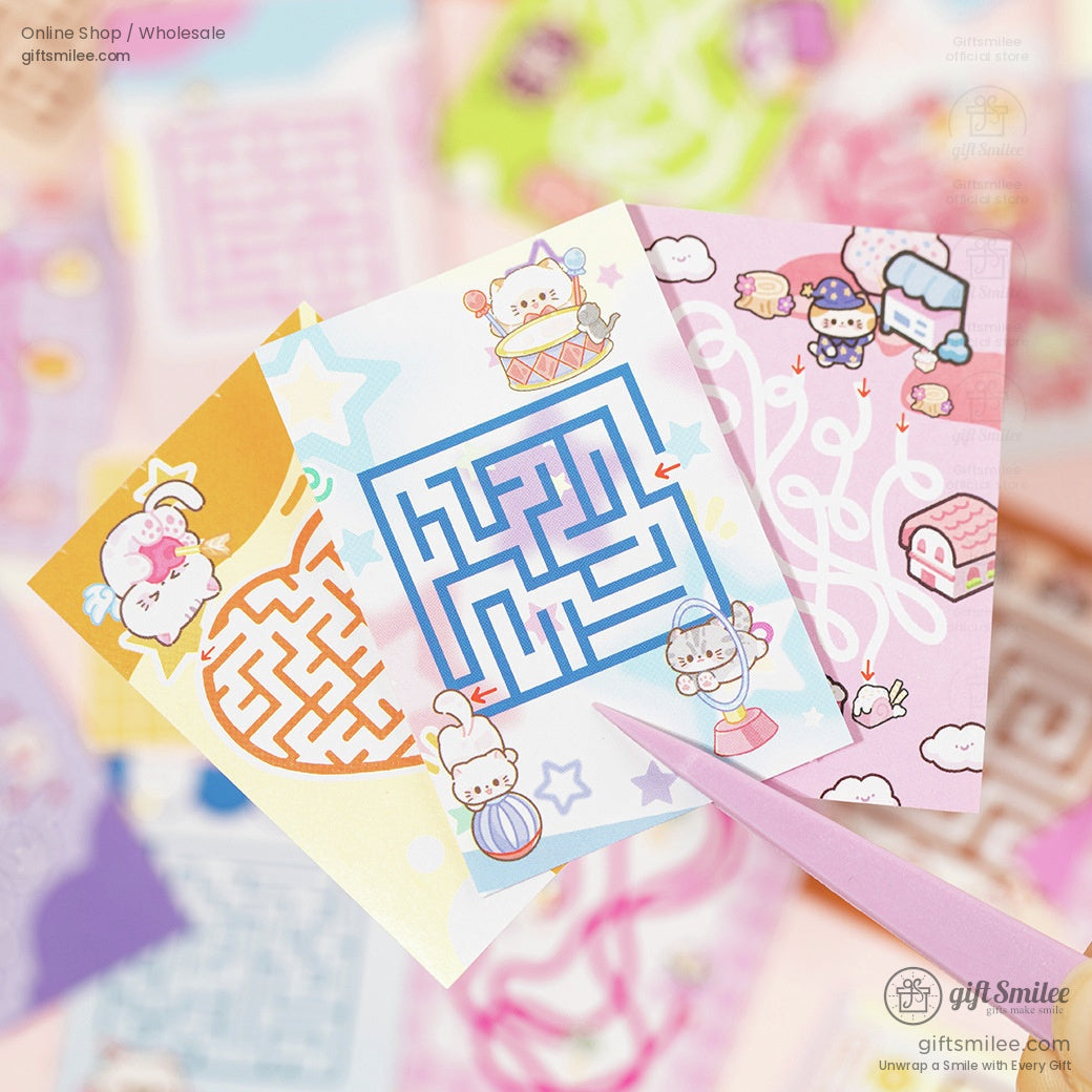 Close-up of three colorful maze sheets with adorable cats and pastel designs.