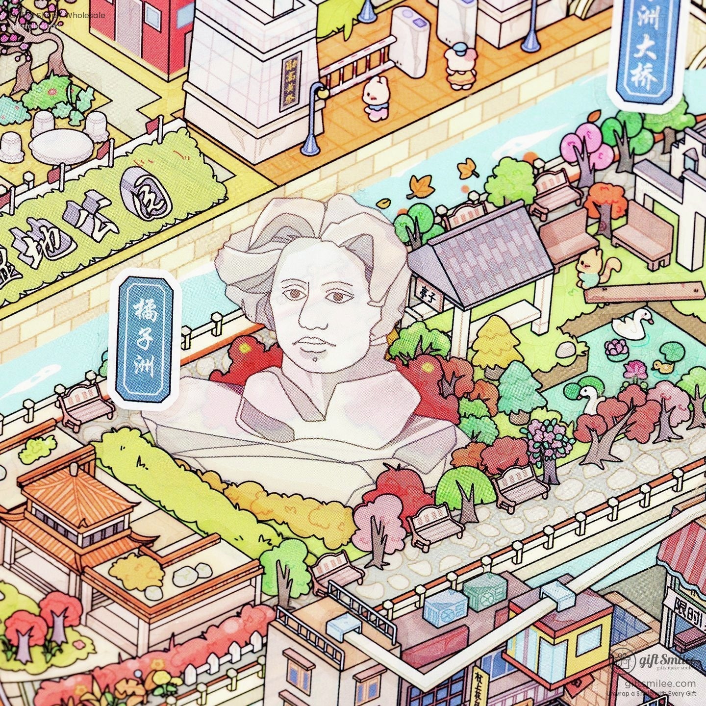 Close-up of a statue surrounded by lush gardens and vibrant paths in Changsha
