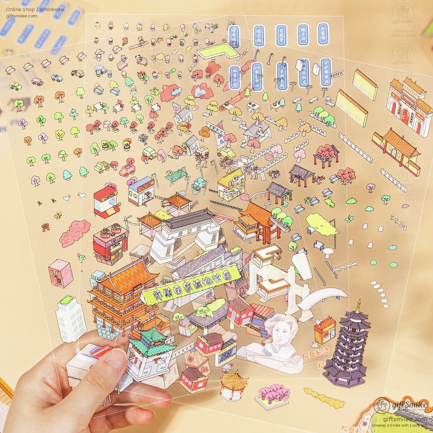 Sheets of separated landmarks, trees, and buildings for DIY customization