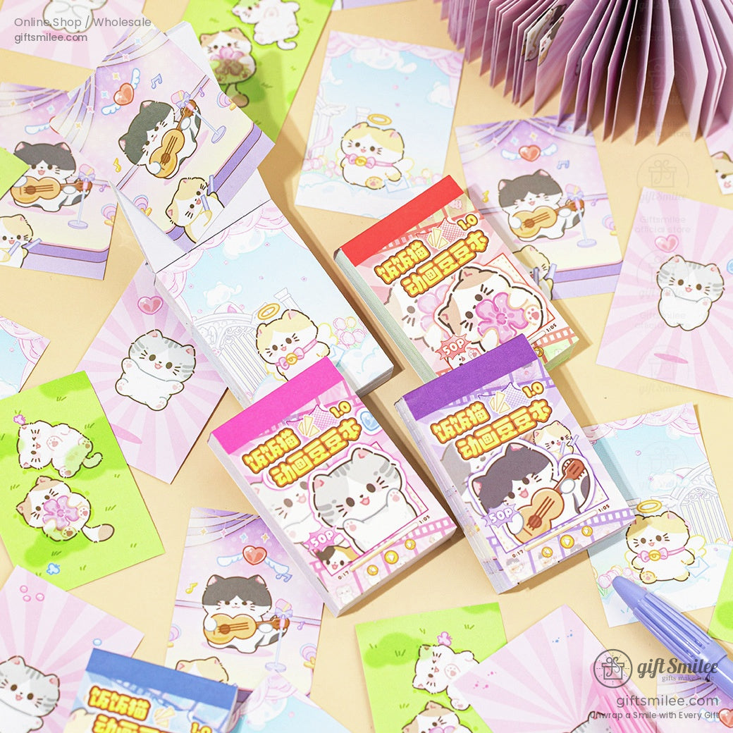 Close-up of colorful kawaii cat-themed mini memo pads with adorable designs.