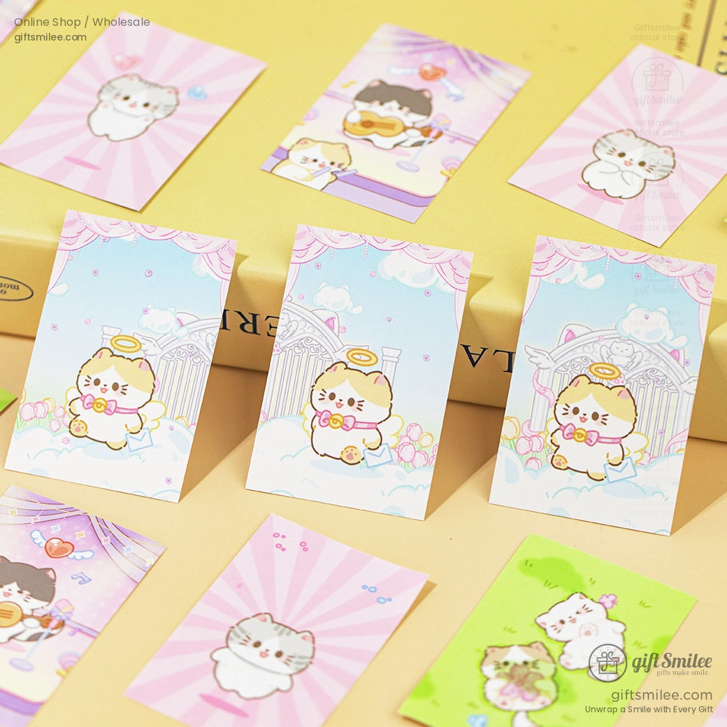 Kawaii cat-themed memo sheets displayed on a yellow book cover for aesthetic stationery photography.
