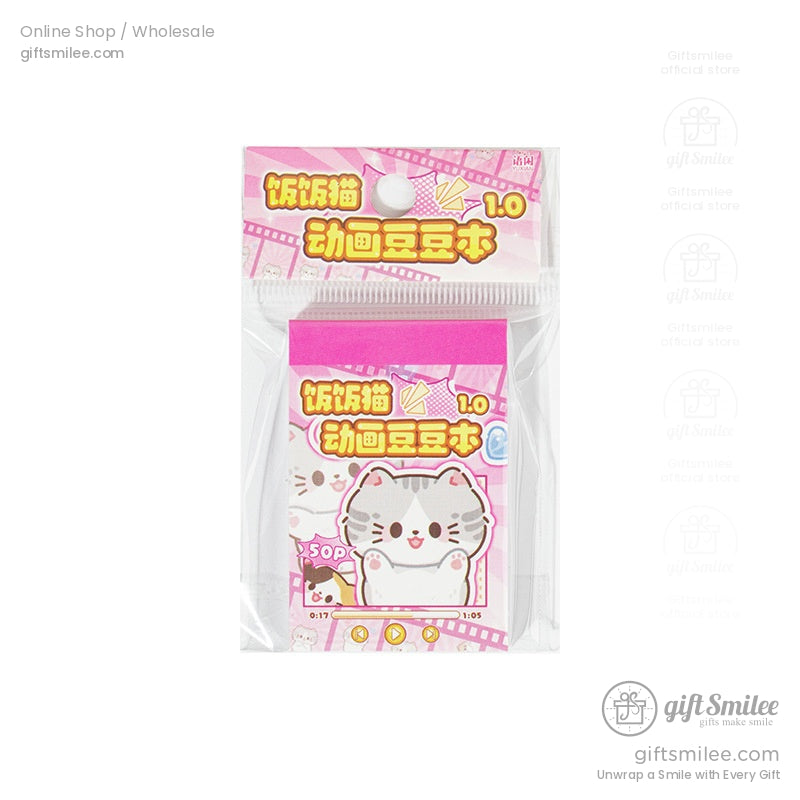 Packaged pink kawaii cat mini memo pad in a clear plastic bag with vibrant designs.