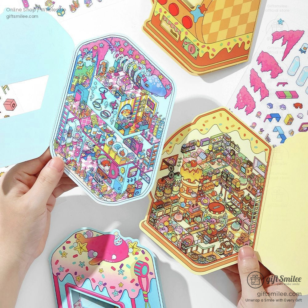 Colorful 3D pop-up sticker with Kawaii-themed miniature scenes in vibrant colors