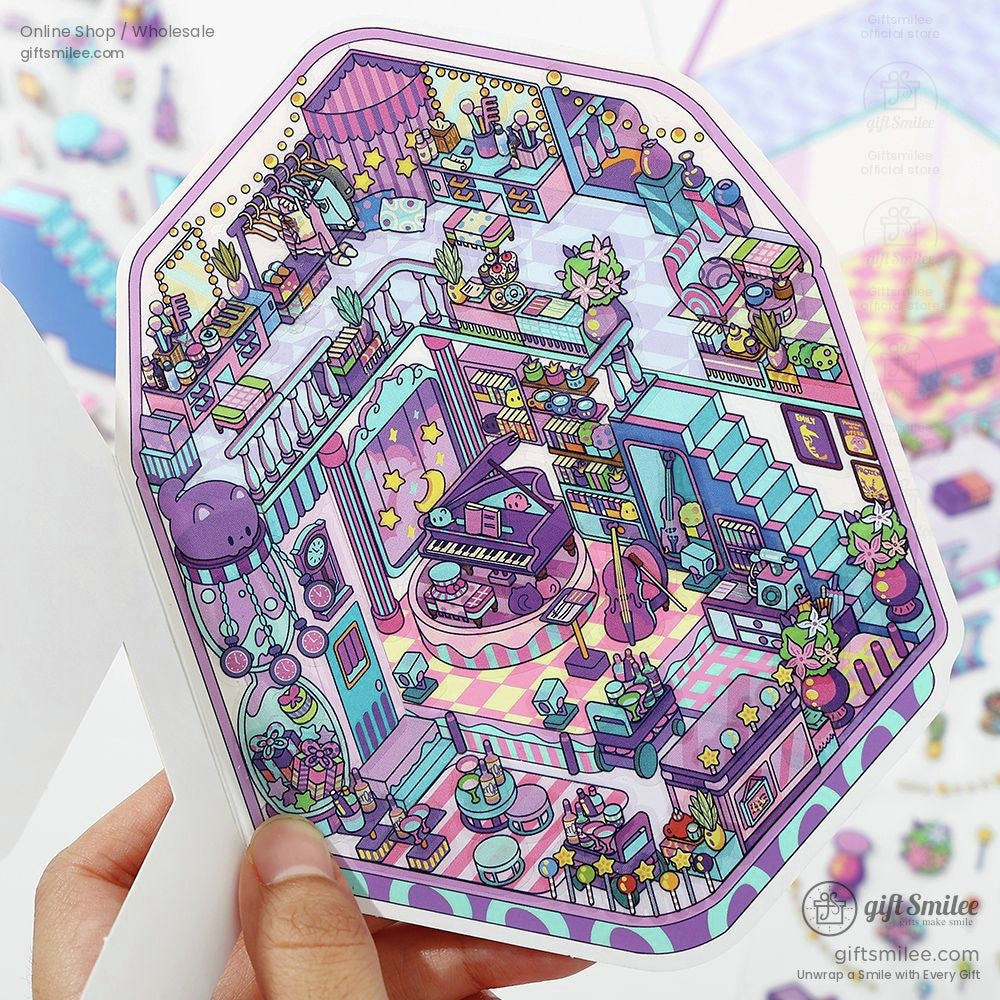 Whimsical purple and blue 3D sticker featuring a miniature fantasy room design