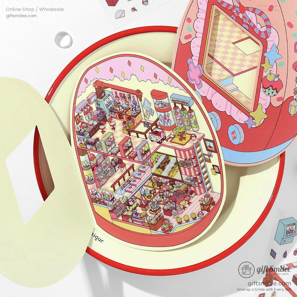 Egg-shaped pop-up sticker showing a fun and detailed candy shop scene