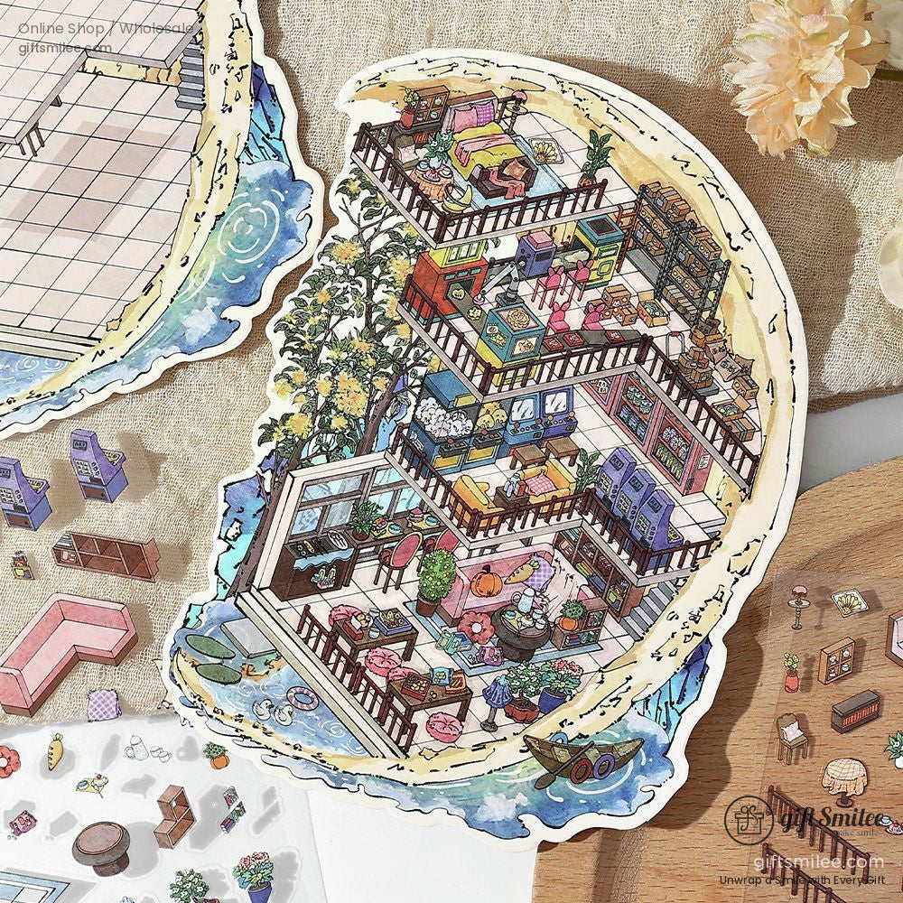 A crescent moon-shaped sticker with vibrant miniature home interiors, including colorful furniture and cozy nooks.