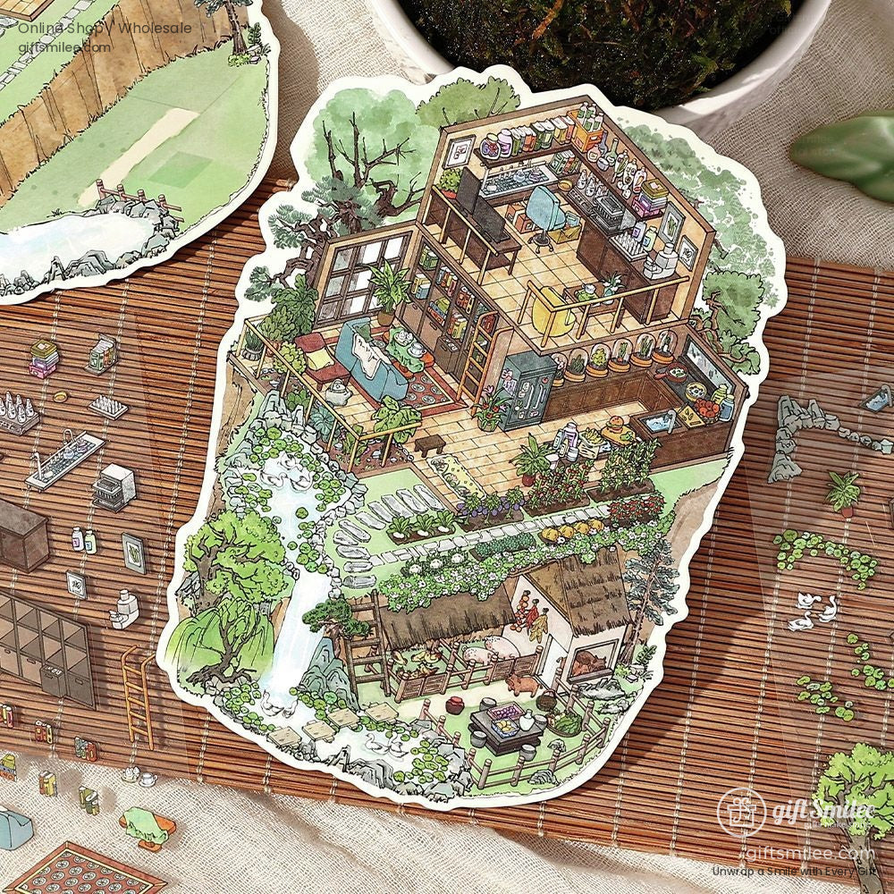 Japanese-inspired sticker of a serene countryside house surrounded by a waterfall and vibrant plants.