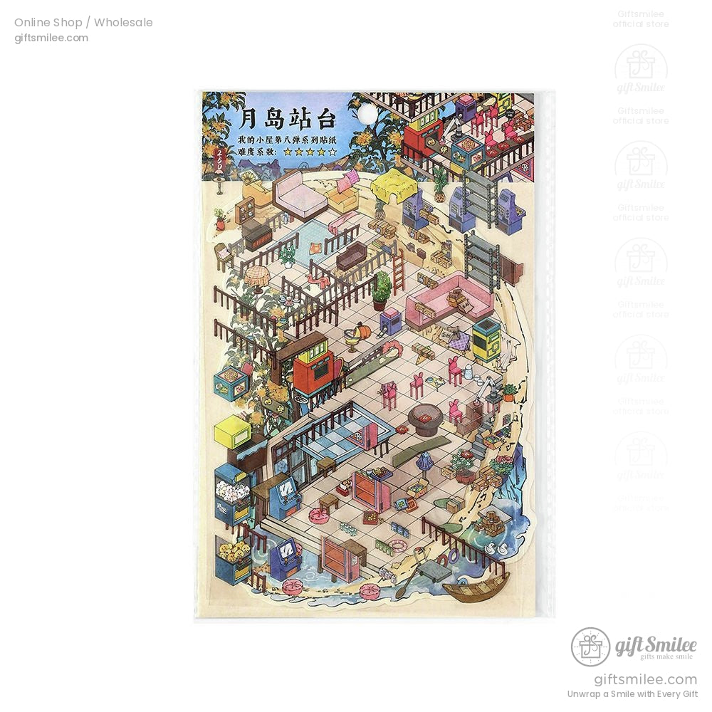 Detailed sticker sheet featuring a whimsical miniature world with stacked rooms and tiny decor items.