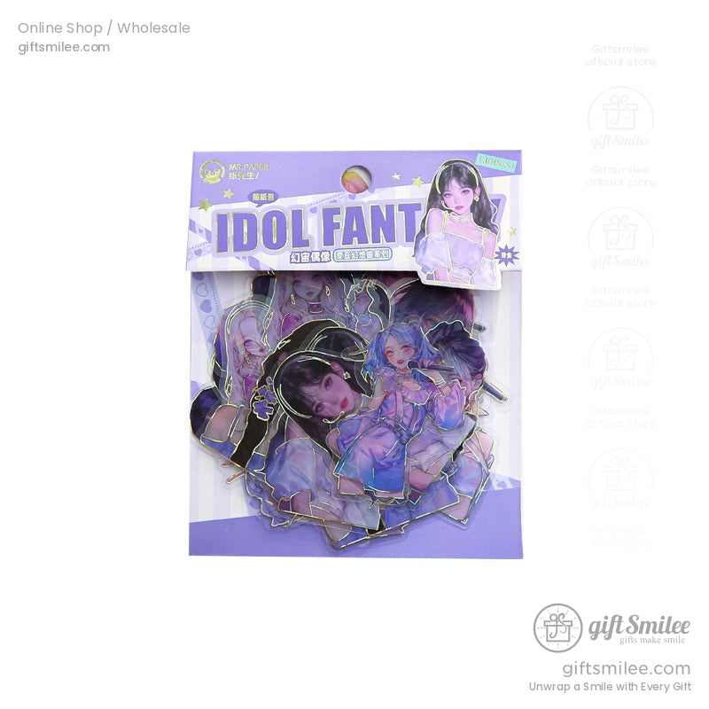 Kawaii Idol Fantasy sticker pack in its packaging, featuring pastel tones and adorable anime girl illustrations.