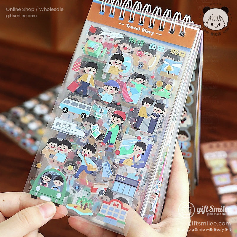 Travel diary sticker page featuring colorful characters and vacation icons like cars and suitcases.