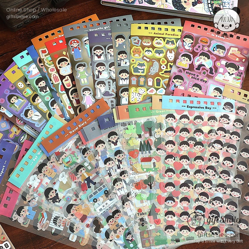 Variety of sticker sheets with colorful designs, including animals, emojis, and everyday themes.