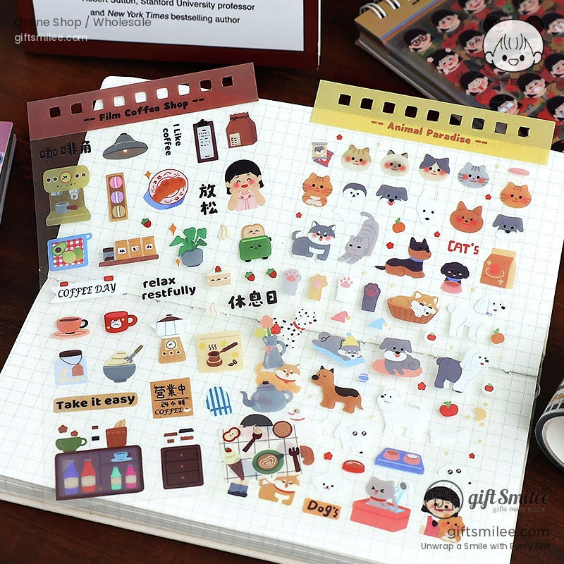 Coffee shop and animal-themed stickers for planners and scrapbooks, featuring cats and coffee icons.