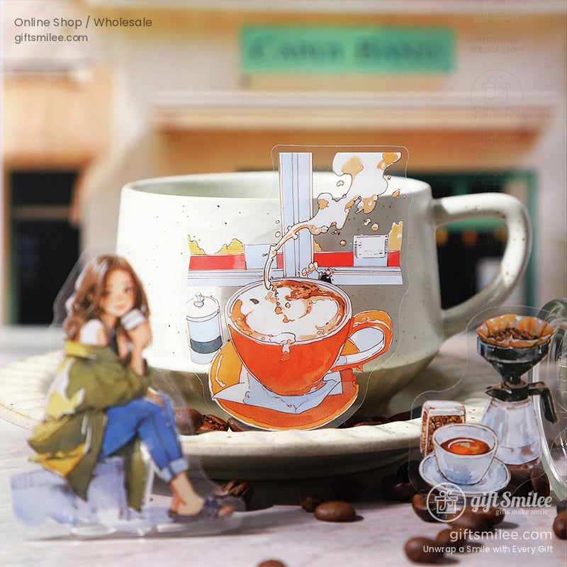 Latte art stickers with vintage coffee shop aesthetic