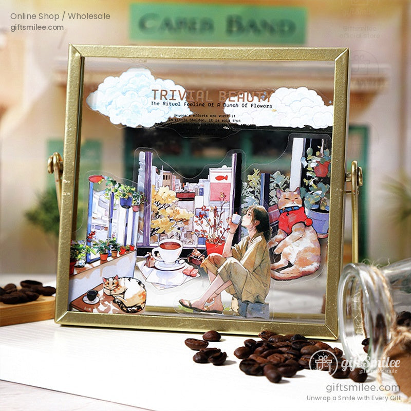Cozy coffee shop sticker scene with a girl sipping coffee and a cat