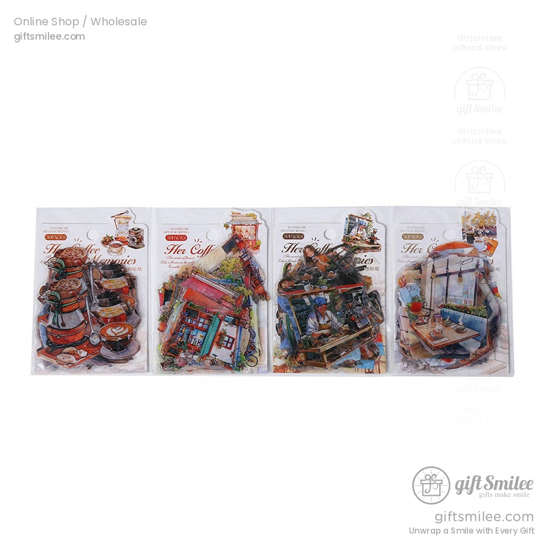Complete sticker pack showcasing vintage coffee shop and cafe-inspired designs