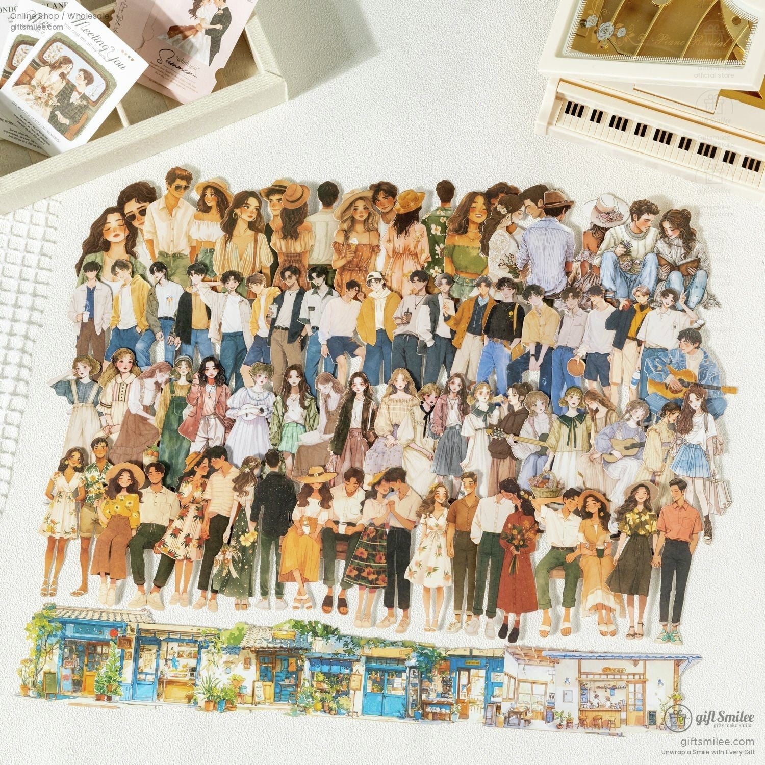 A variety of couple-themed stickers spread on a white surface with vibrant colors.