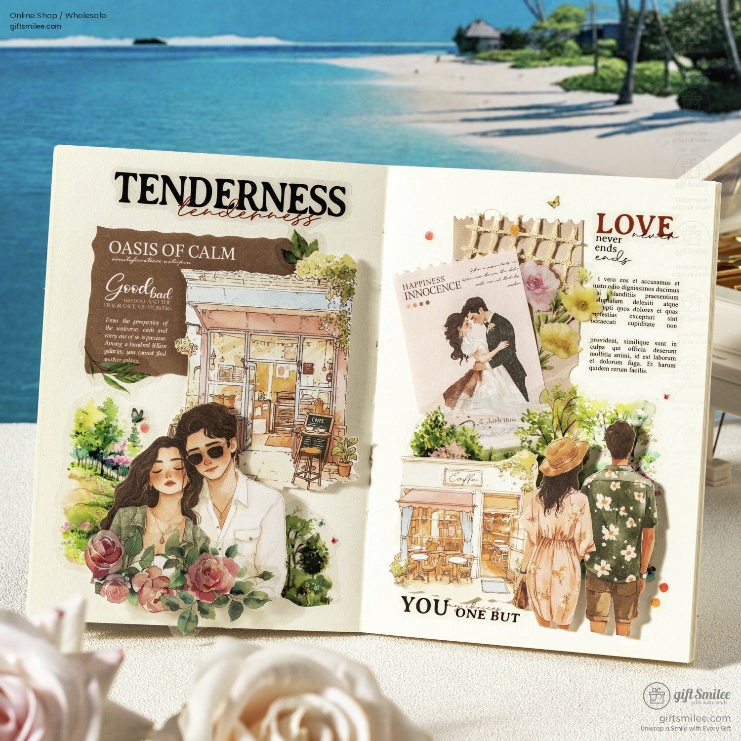 Scrapbooking page showing romantic couple illustrations and decorative elements.