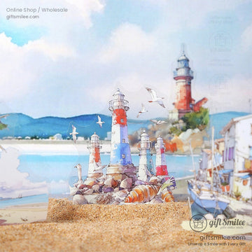 Watercolor lighthouse and seascape stickers for journaling and crafts