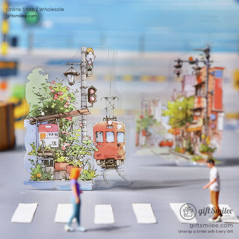 Vintage-style train and street scene stickers for DIY scrapbooking