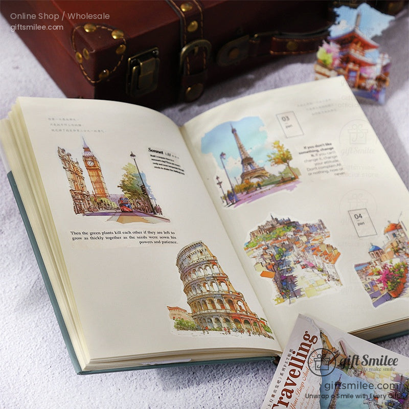 Travel journal open with landmark stickers like Eiffel Tower and Colosseum