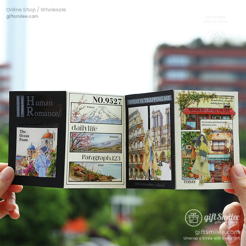 Handheld postcard-style travel stickers featuring romantic European scenes