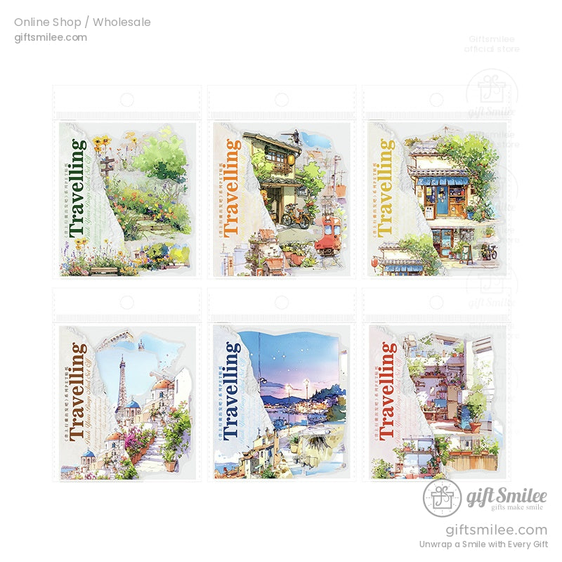 Complete set of travel stickers showcasing scenic landscapes and city views