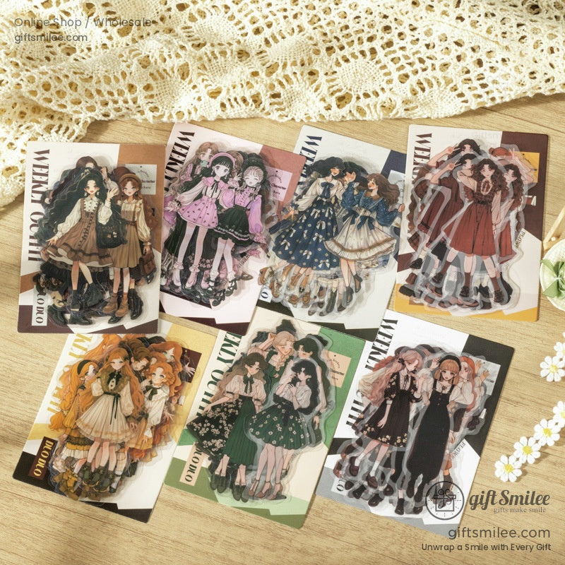 A collection of vibrant aesthetic stickers showcasing girls in retro fashion