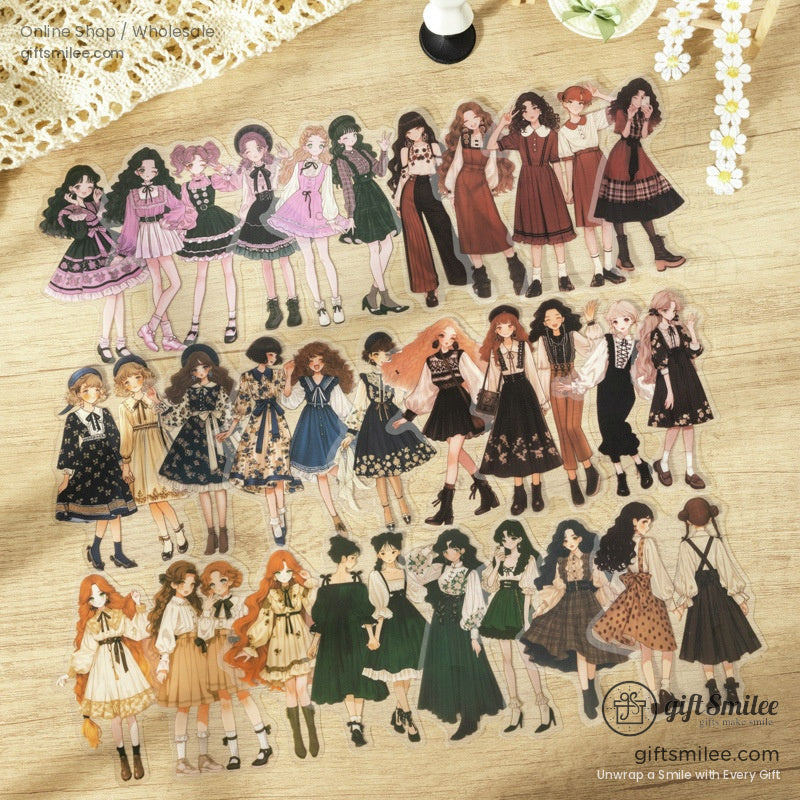 A complete sticker sheet featuring various cottagecore fashion characters