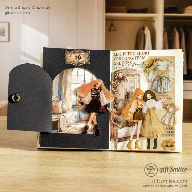 Open scrapbook with a cottagecore aesthetic scene and vintage girl cutouts