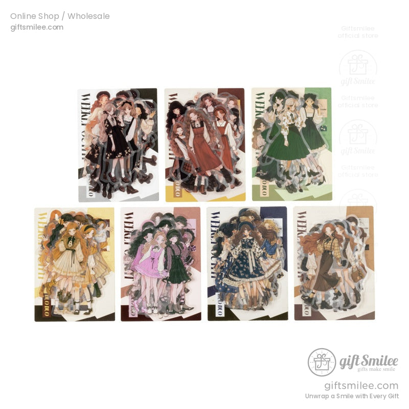 Full set of sticker packs with retro girls in floral and vintage outfits
