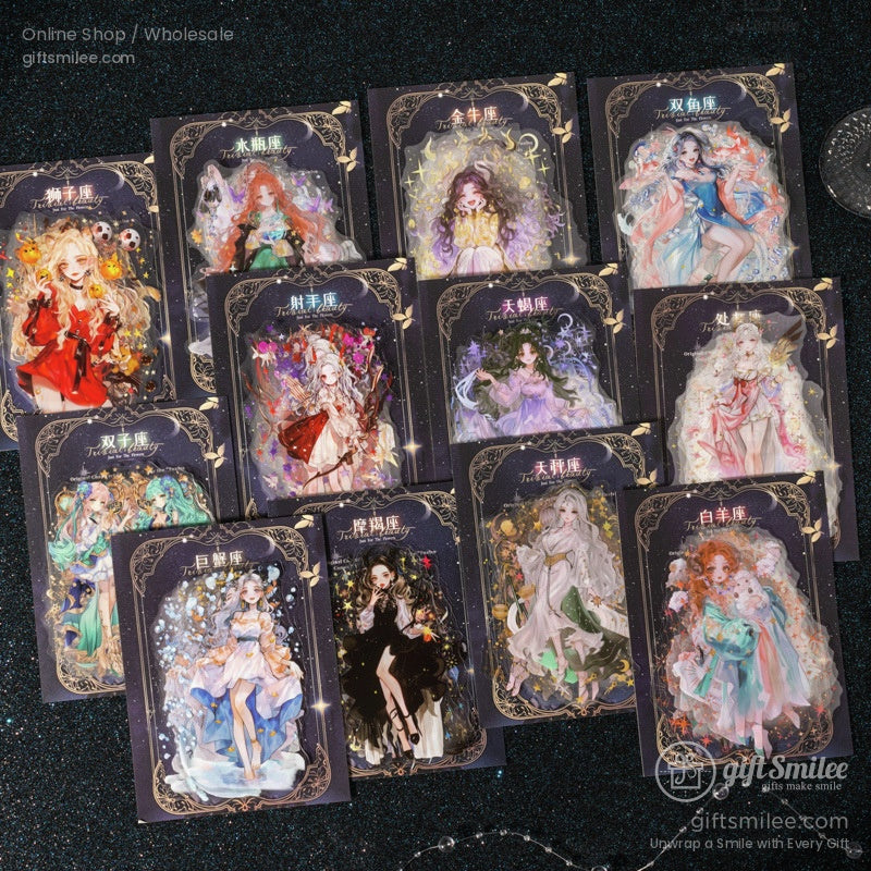 A complete set of 12 zodiac-themed acrylic stickers with intricate fantasy designs