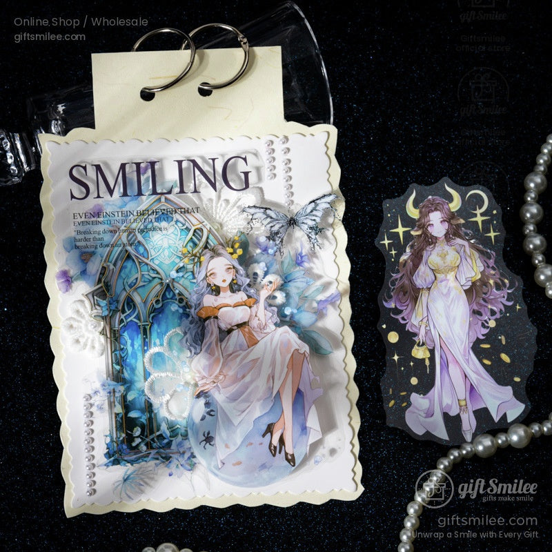 Acrylic sticker of a radiant celestial maiden in white, surrounded by butterflies and pearls
