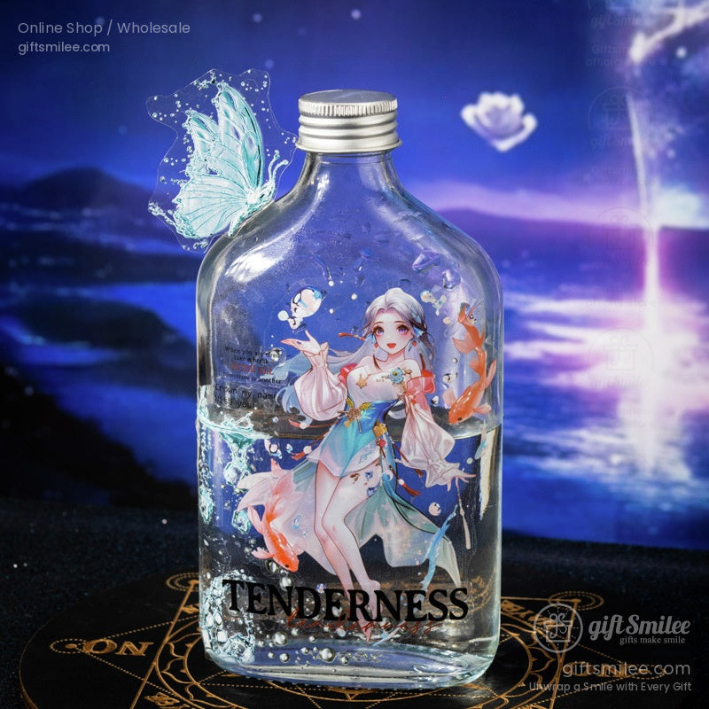 Transparent bottle decorated with a zodiac-themed sticker featuring a water maiden and vibrant fish