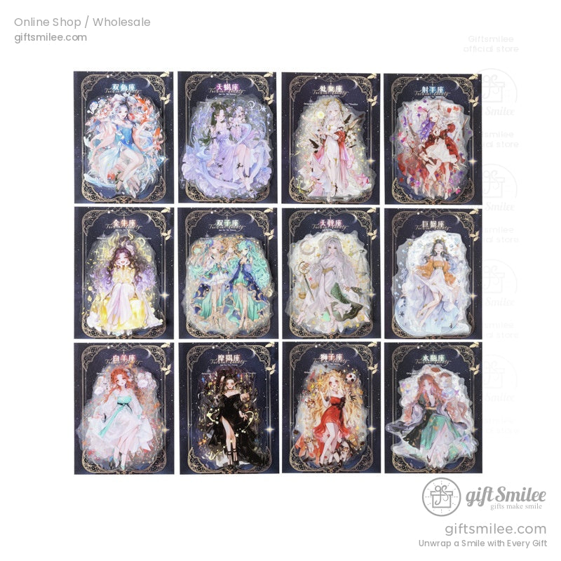 Full collection of zodiac fantasy acrylic stickers displayed elegantly against a dark background