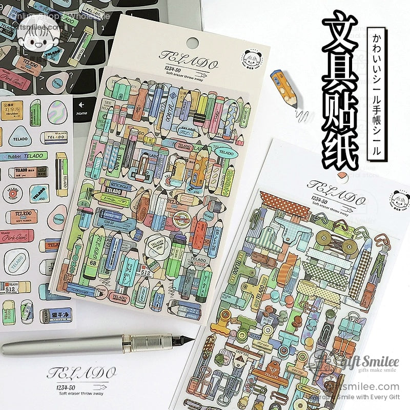 A set of stationery-themed decorative stickers featuring colorful pencils, erasers, and vintage designs