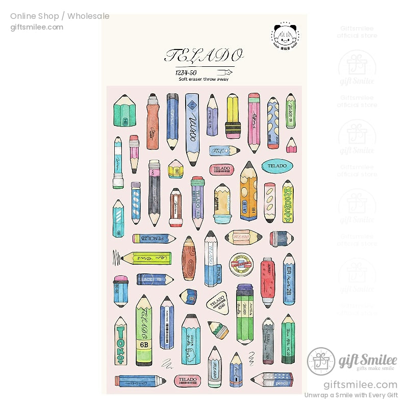 A full sheet of vintage stationery-themed stickers with colorful art pencil and eraser designs