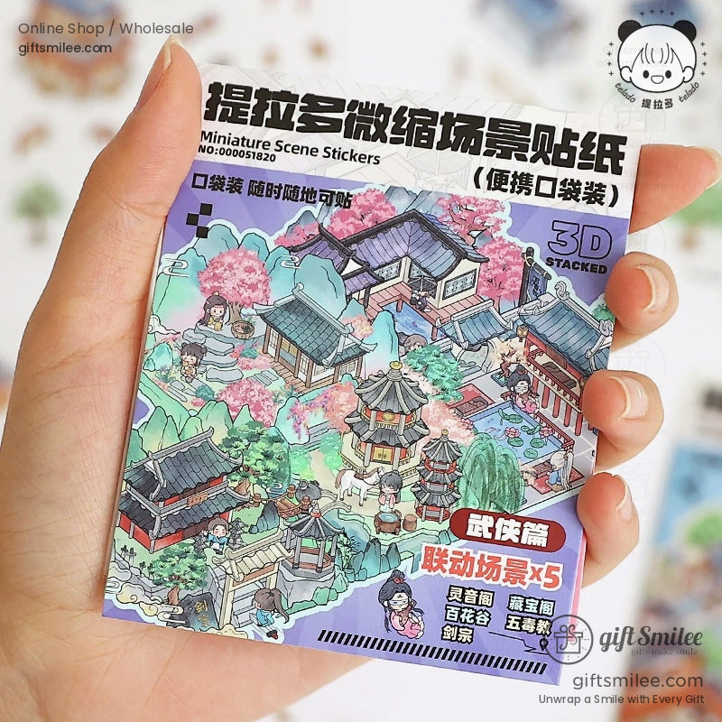 Colorful 3D miniature scene sticker pack with traditional Japanese-inspired settings