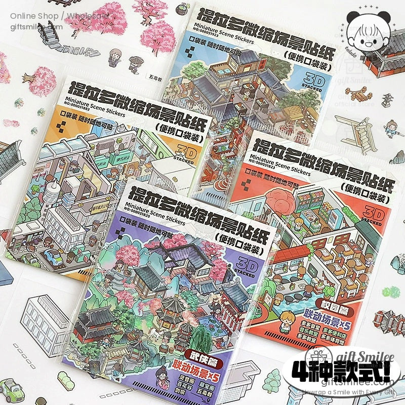 Collection of 3D miniature stickers showing various scenes for scrapbooking and journaling