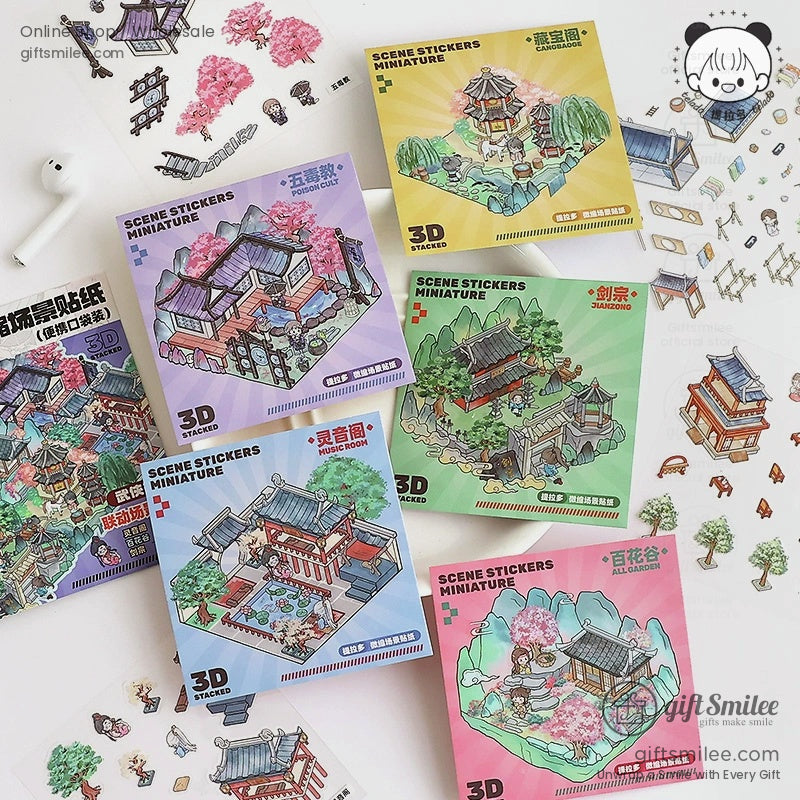 Assorted 3D scene stickers in vibrant designs for planners, scrapbooks, and crafts