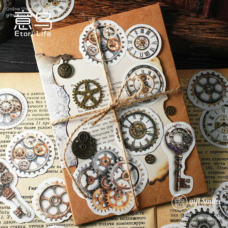 A bundle of steampunk gear stickers tied with twine, perfect for journaling