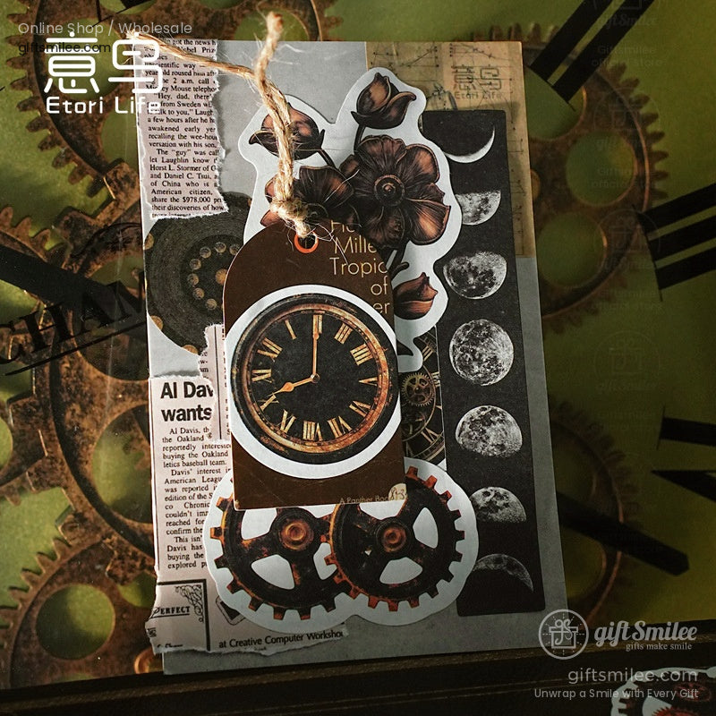 Steampunk stickers with floral and clockwork designs on a creative green background