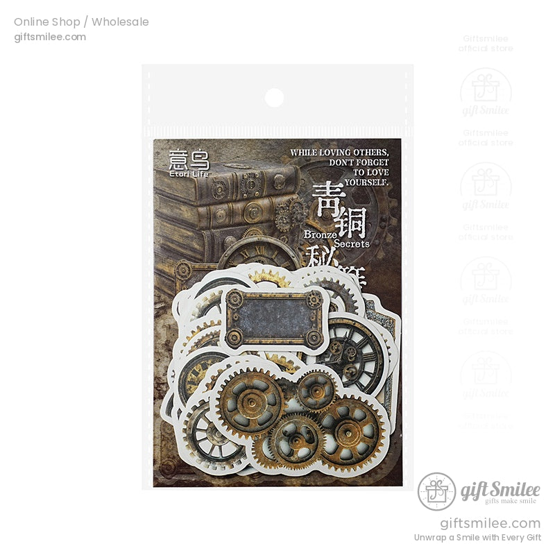 Packaging of steampunk gear stickers showcasing vintage clock and gear designs